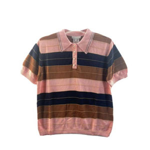 Foxiedox Striped Knit Polo Shirt Metallic Thread Pearl Buttons Short Sleeve Med